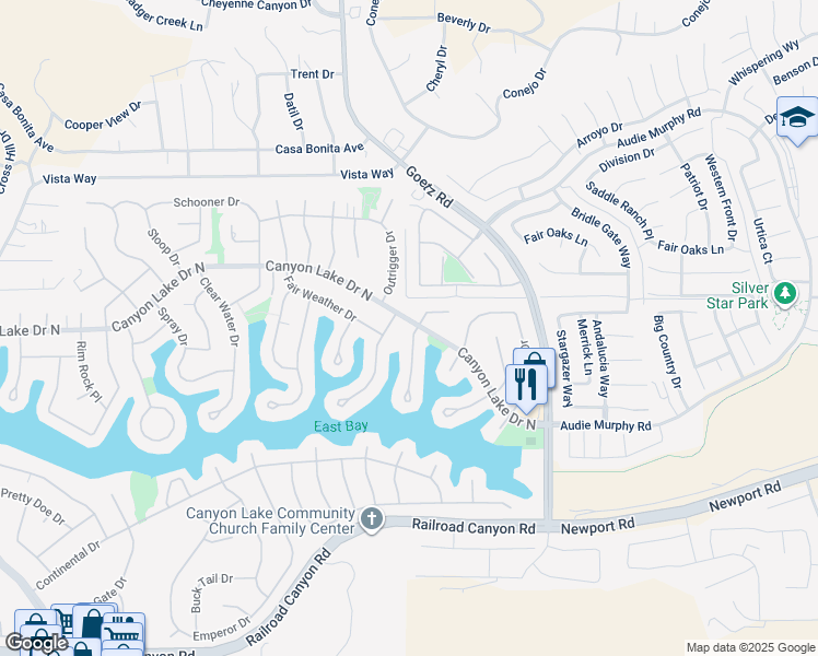 map of restaurants, bars, coffee shops, grocery stores, and more near 30071 White Wake Drive in Canyon Lake