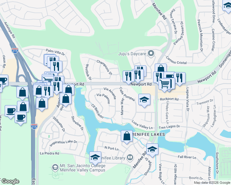 map of restaurants, bars, coffee shops, grocery stores, and more near 30136 Vía Amante in Menifee
