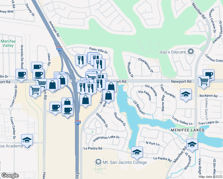 map of restaurants, bars, coffee shops, grocery stores, and more near 30073 Shoreline Drive in Menifee