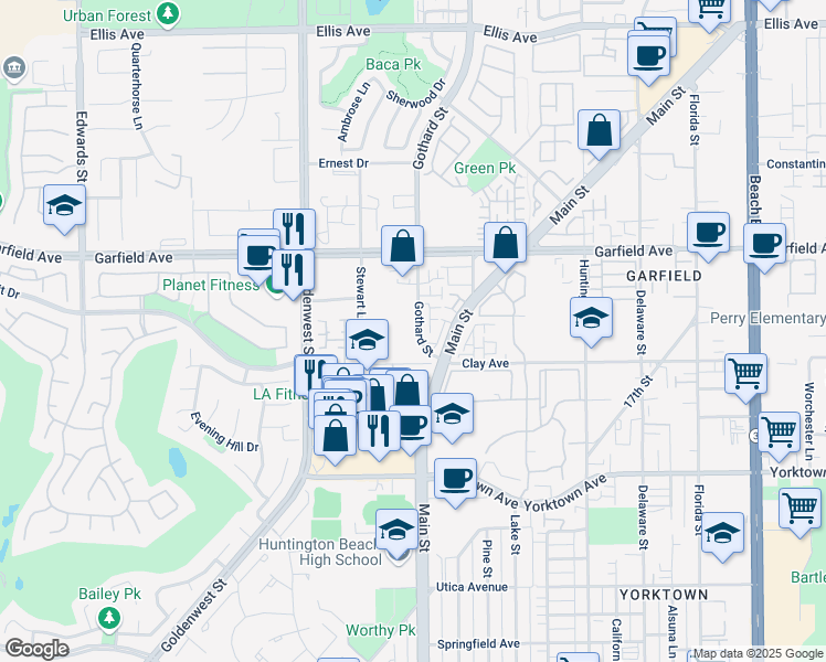 map of restaurants, bars, coffee shops, grocery stores, and more near 19161 Gothard Street in Huntington Beach