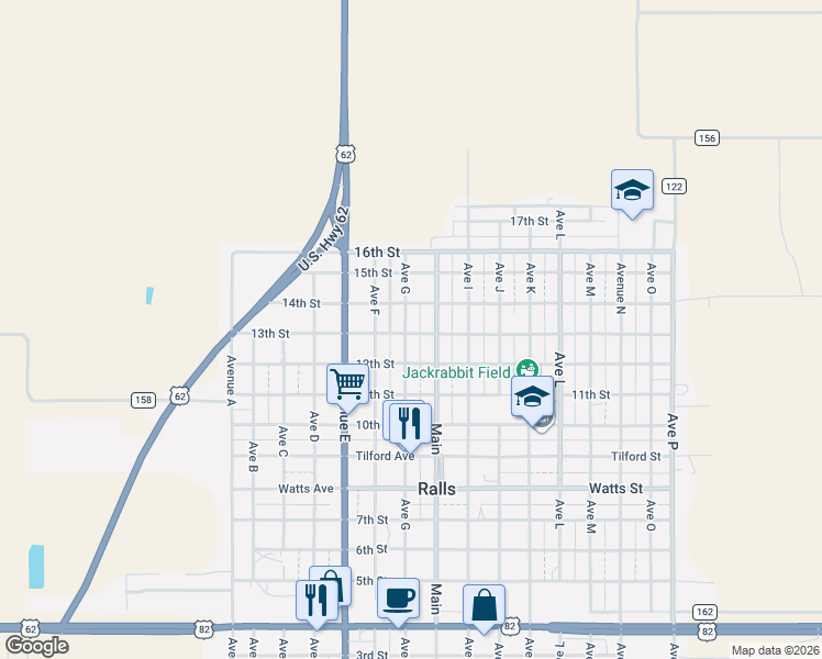 map of restaurants, bars, coffee shops, grocery stores, and more near 13th Street in Ralls