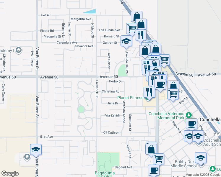 map of restaurants, bars, coffee shops, grocery stores, and more near 50431 Rigo Court in Coachella