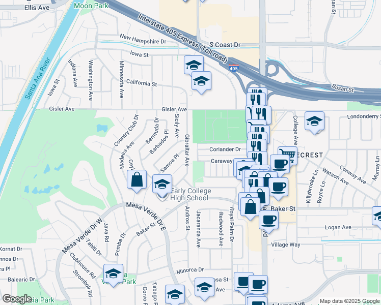 map of restaurants, bars, coffee shops, grocery stores, and more near 3118 Gibraltar Avenue in Costa Mesa