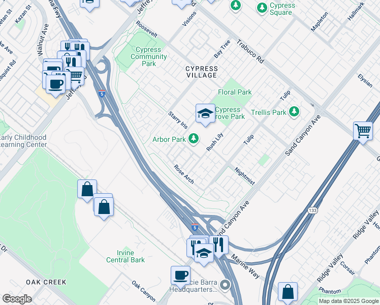 map of restaurants, bars, coffee shops, grocery stores, and more near 52 Emerald Clover in Irvine