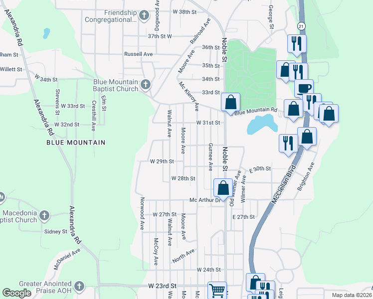 map of restaurants, bars, coffee shops, grocery stores, and more near 2929 Moore Avenue in Anniston
