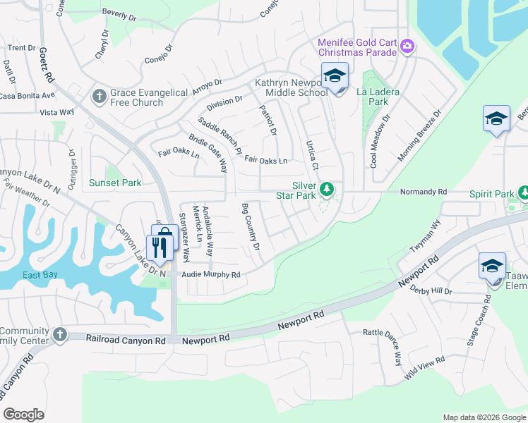 map of restaurants, bars, coffee shops, grocery stores, and more near 30076 Old Mill Road in Menifee