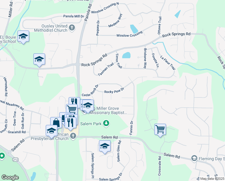 map of restaurants, bars, coffee shops, grocery stores, and more near 5350 Rocky Pine Drive in Stonecrest