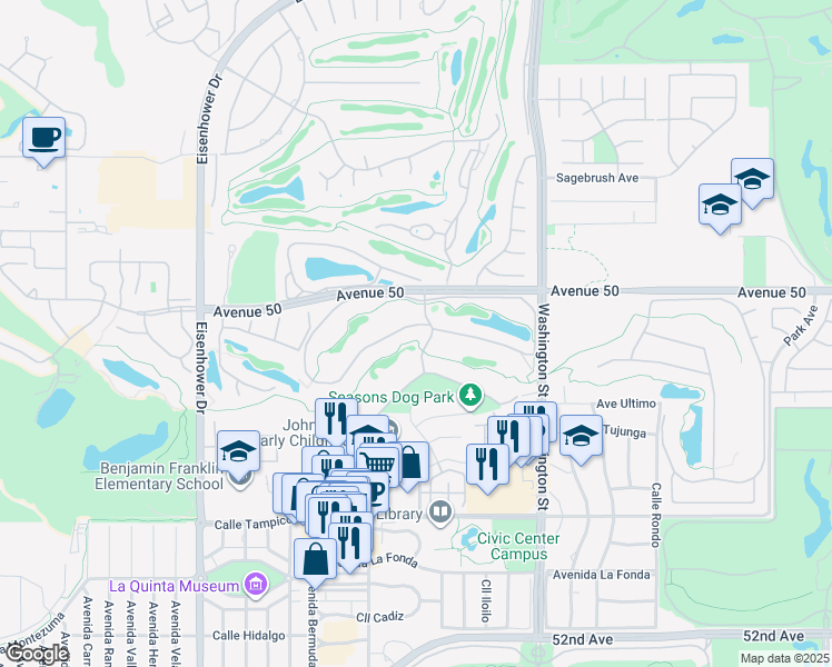map of restaurants, bars, coffee shops, grocery stores, and more near 78105 Calle Norte in La Quinta