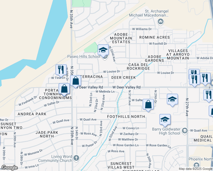 map of restaurants, bars, coffee shops, grocery stores, and more near 21802 North 33rd Avenue in Phoenix