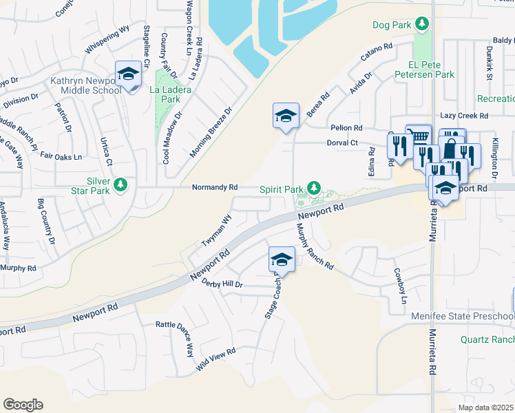 map of restaurants, bars, coffee shops, grocery stores, and more near 25320 Hitch Rail Lane in Menifee