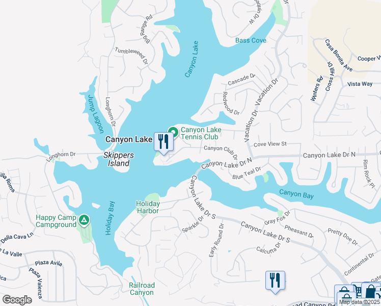 map of restaurants, bars, coffee shops, grocery stores, and more near 22387 Canyon Club Drive in Canyon Lake