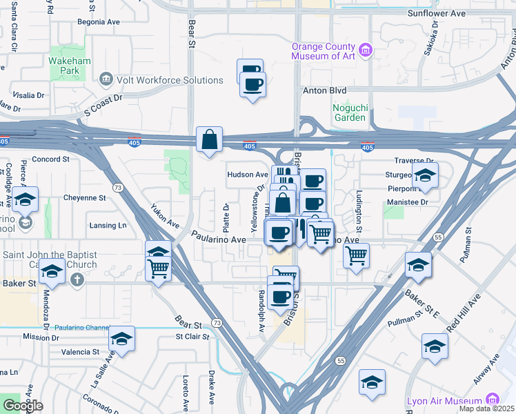 map of restaurants, bars, coffee shops, grocery stores, and more near 3106 Yellowstone Drive in Costa Mesa