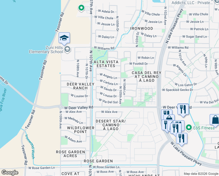 map of restaurants, bars, coffee shops, grocery stores, and more near 10546 West Sands Drive in Peoria