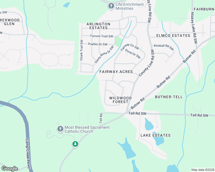 map of restaurants, bars, coffee shops, grocery stores, and more near 4655 Ivywood Drive Southwest in Atlanta