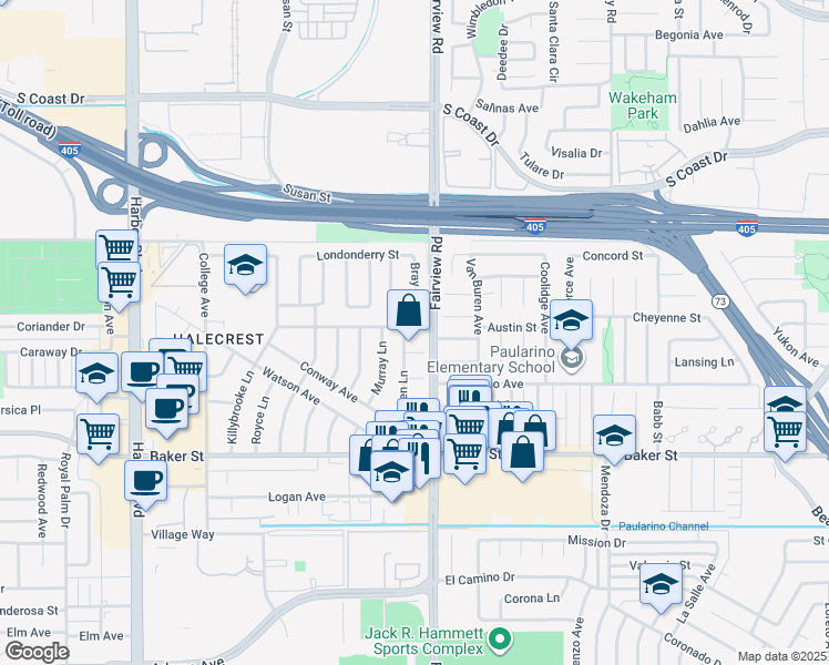 map of restaurants, bars, coffee shops, grocery stores, and more near 1213 Belfast Avenue in Costa Mesa