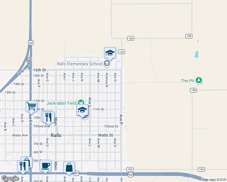 map of restaurants, bars, coffee shops, grocery stores, and more near 1301 Avenue O in Ralls