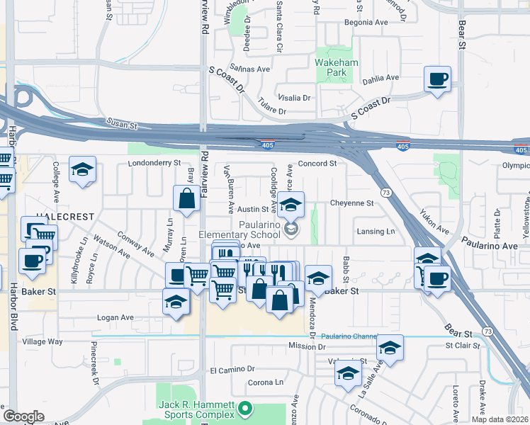 map of restaurants, bars, coffee shops, grocery stores, and more near 3333 Bear Street in Costa Mesa