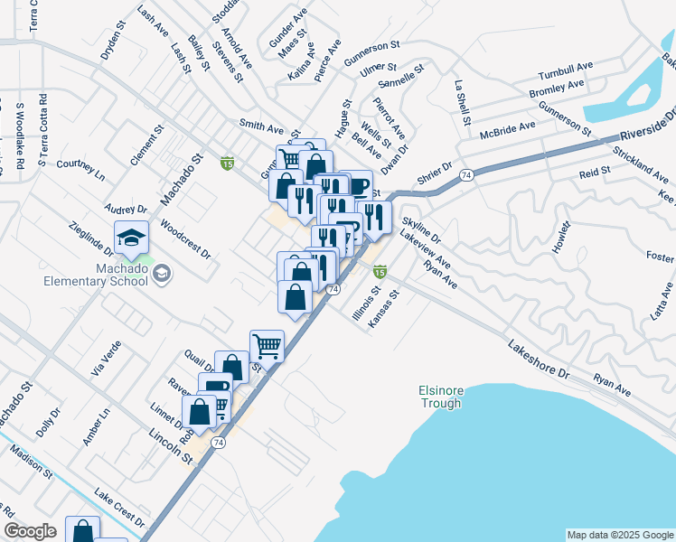 map of restaurants, bars, coffee shops, grocery stores, and more near 31087 Riverside Drive in Lake Elsinore
