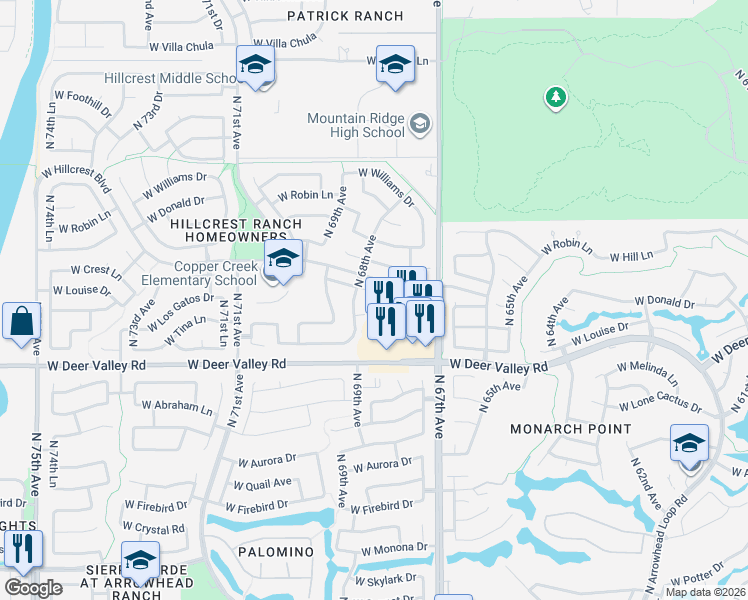 map of restaurants, bars, coffee shops, grocery stores, and more near 6777 West Louise Drive in Glendale