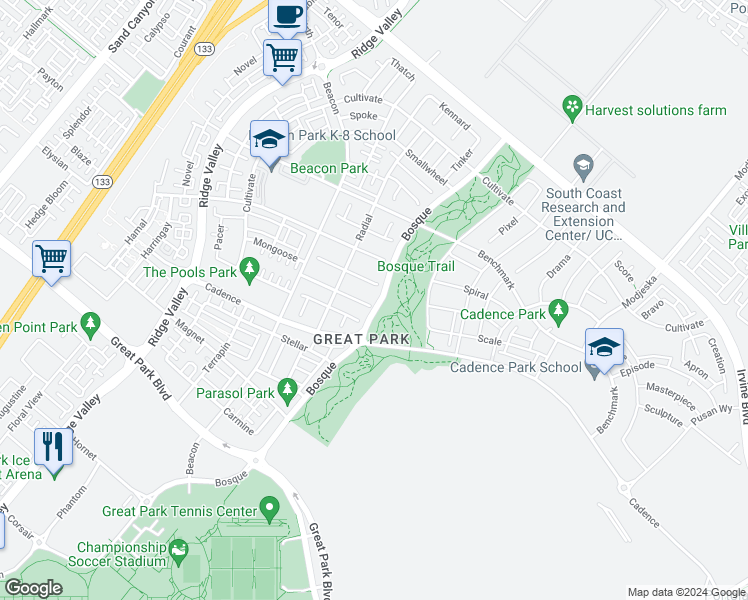 map of restaurants, bars, coffee shops, grocery stores, and more near 101 Calderon in Irvine