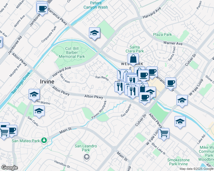 map of restaurants, bars, coffee shops, grocery stores, and more near 953 San Remo in Irvine