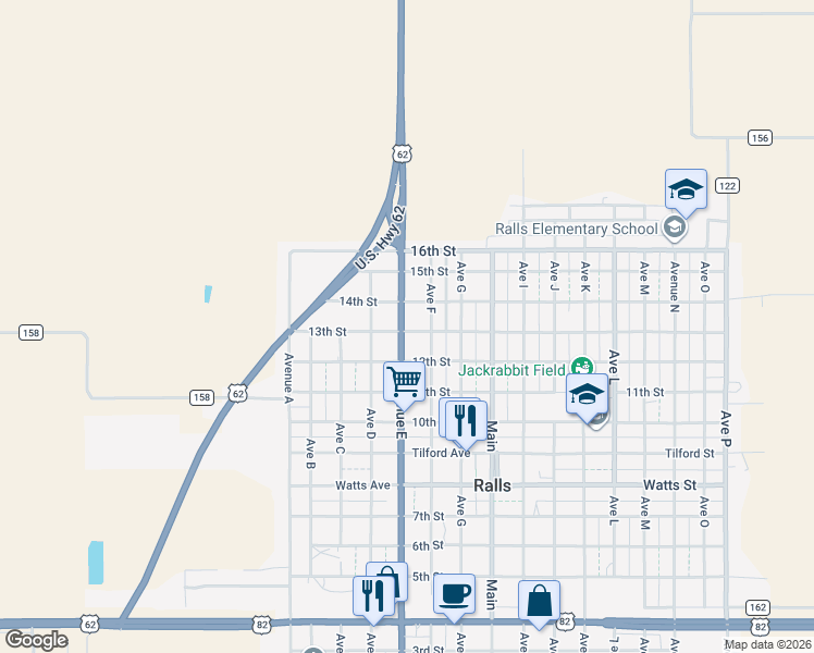 map of restaurants, bars, coffee shops, grocery stores, and more near 1303 Avenue East in Ralls