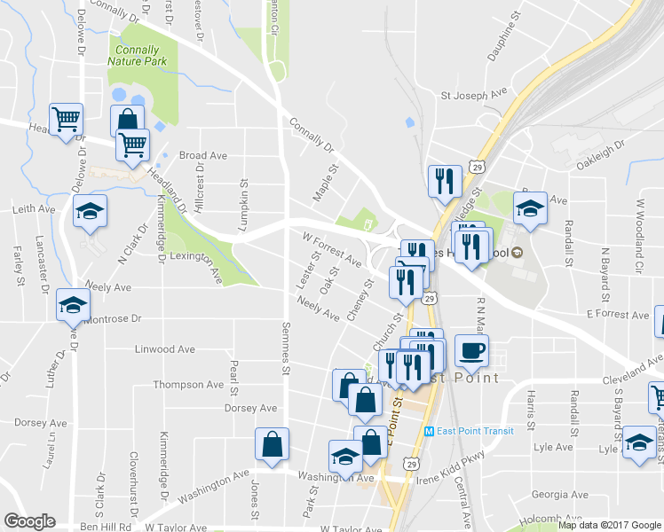 map of restaurants, bars, coffee shops, grocery stores, and more near 2611 Oak Street in Atlanta