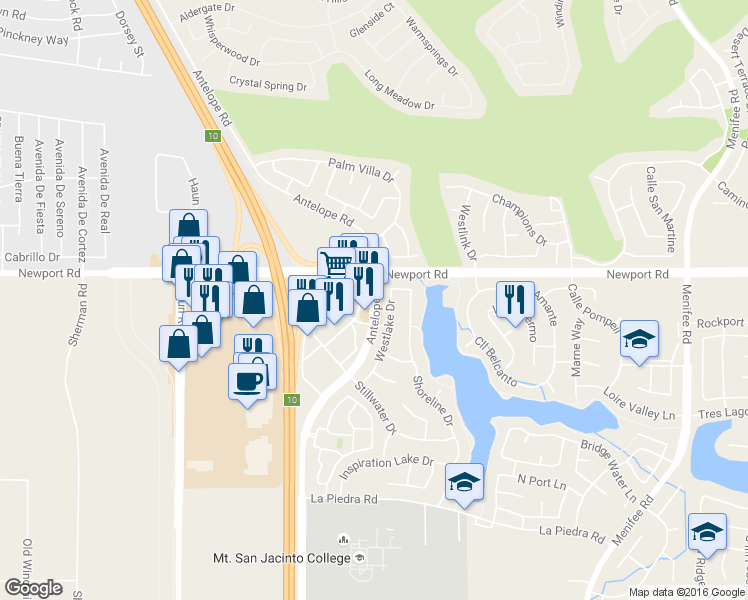 map of restaurants, bars, coffee shops, grocery stores, and more near 30111 Antelope Rd in Menifee