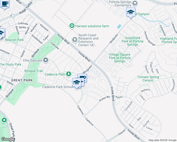 map of restaurants, bars, coffee shops, grocery stores, and more near 128 Modjeska in Irvine