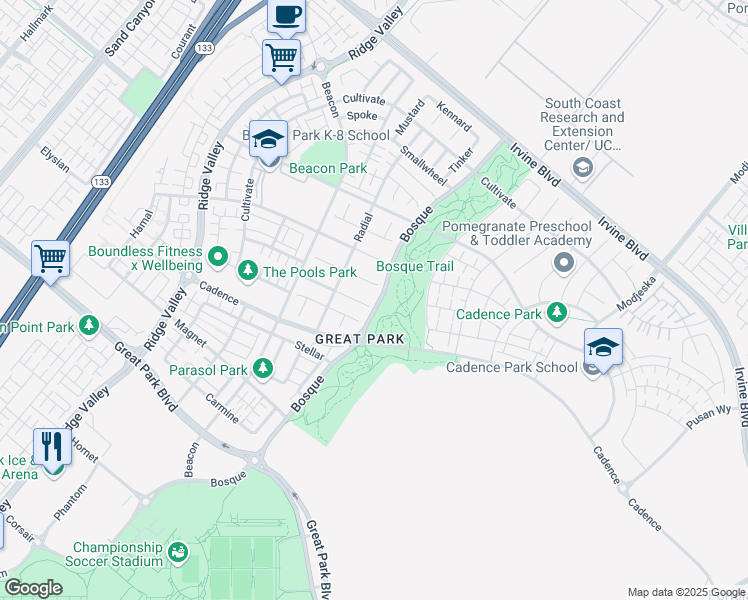 map of restaurants, bars, coffee shops, grocery stores, and more near 101 Calderon in Irvine
