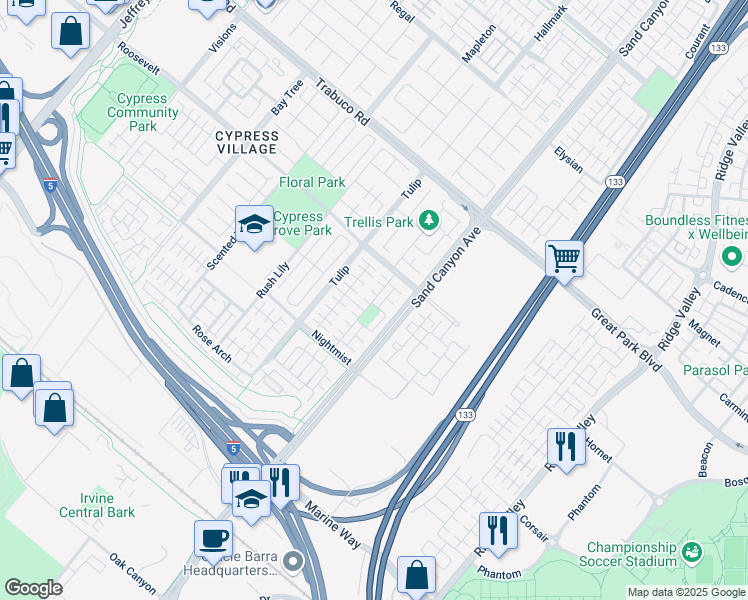 map of restaurants, bars, coffee shops, grocery stores, and more near 110 Waterleaf in Irvine
