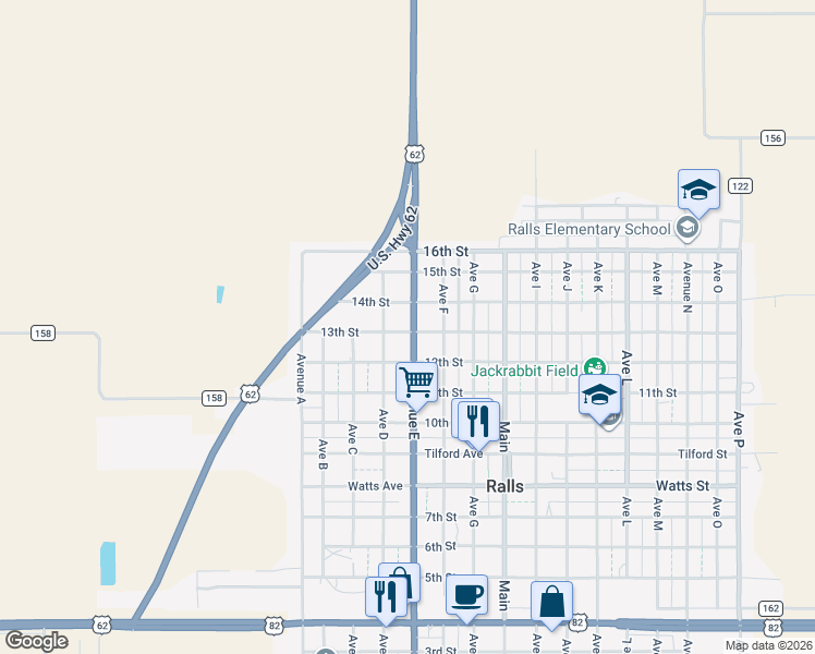 map of restaurants, bars, coffee shops, grocery stores, and more near 1303 Avenue East in Ralls