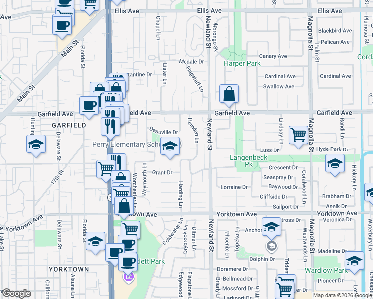 map of restaurants, bars, coffee shops, grocery stores, and more near 8362 Enfield Circle in Huntington Beach