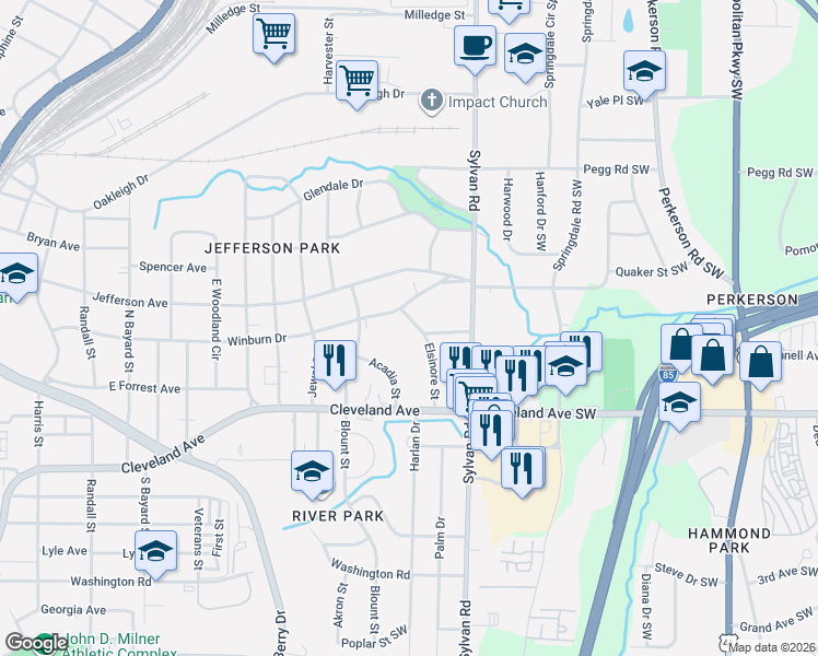 map of restaurants, bars, coffee shops, grocery stores, and more near 1006 Winburn Drive in East Point