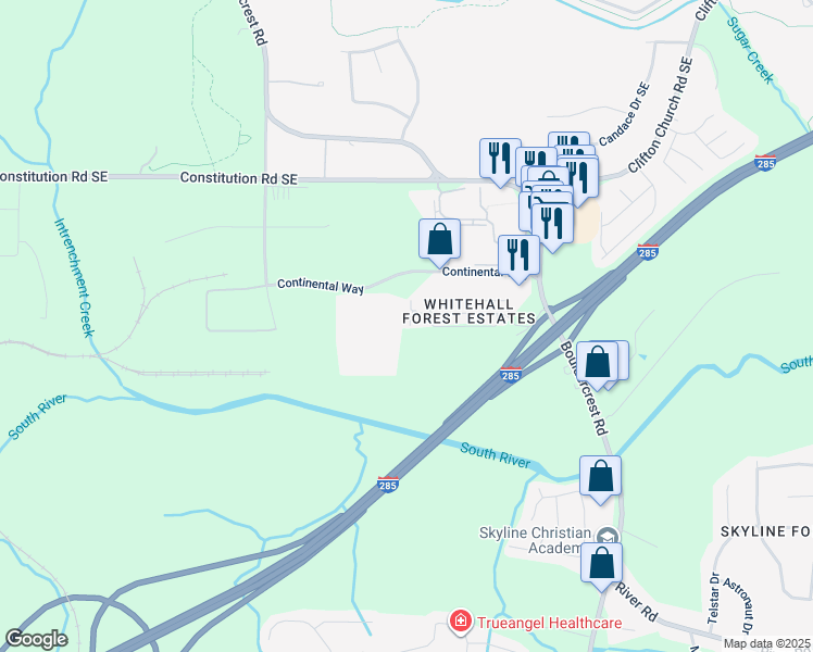map of restaurants, bars, coffee shops, grocery stores, and more near 1853 Whitehall Forest Court Southeast in Atlanta