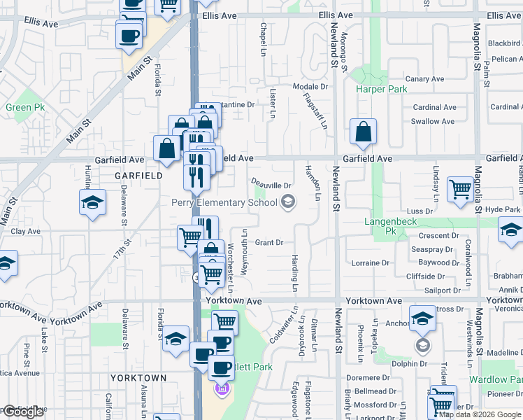 map of restaurants, bars, coffee shops, grocery stores, and more near 8167 Dartmoor Drive in Huntington Beach