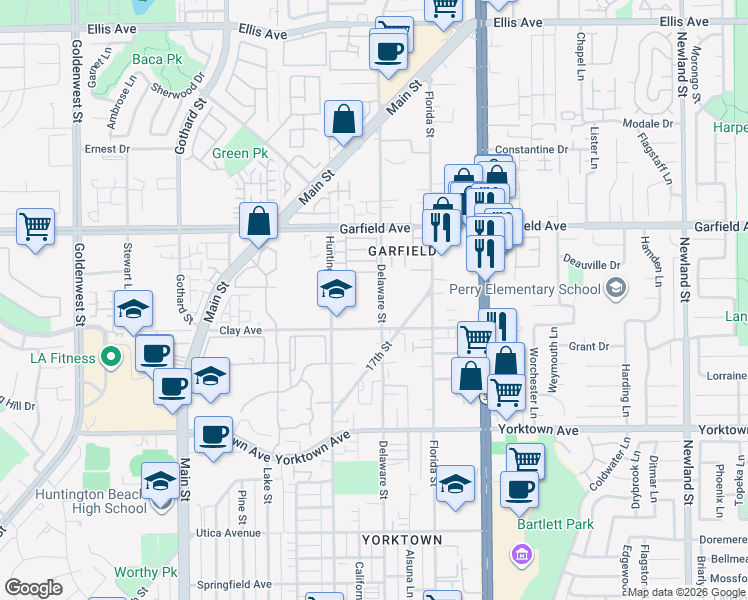map of restaurants, bars, coffee shops, grocery stores, and more near 19161 Delaware Street in Huntington Beach