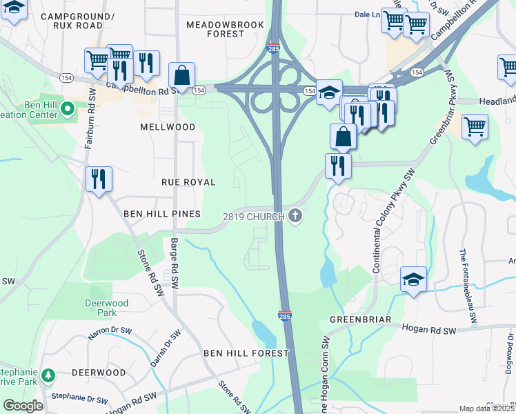 map of restaurants, bars, coffee shops, grocery stores, and more near 3387 Greenbriar Parkway Southwest in Atlanta