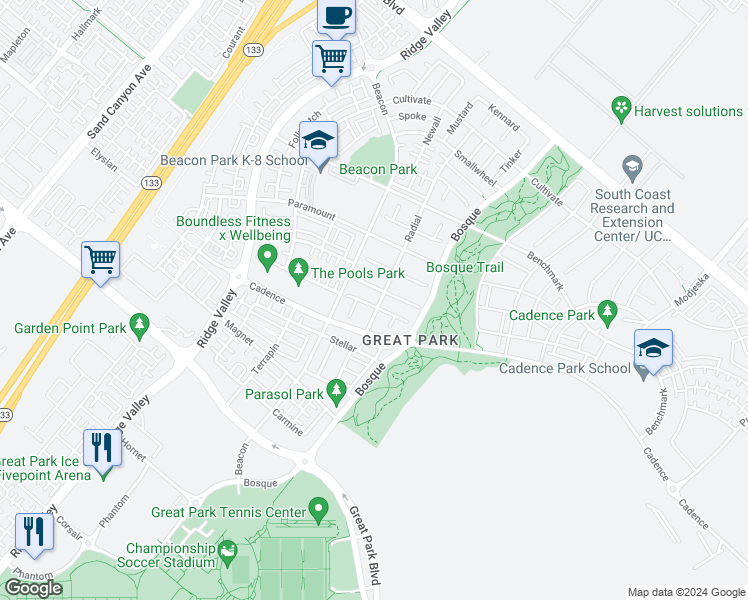 map of restaurants, bars, coffee shops, grocery stores, and more near 115 Nickel in Irvine