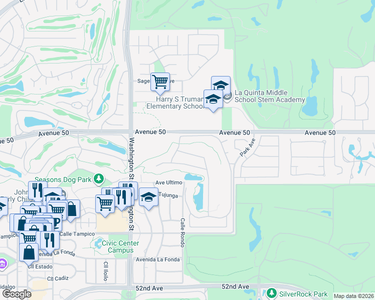 map of restaurants, bars, coffee shops, grocery stores, and more near 78770 Spyglass Hill Drive in La Quinta