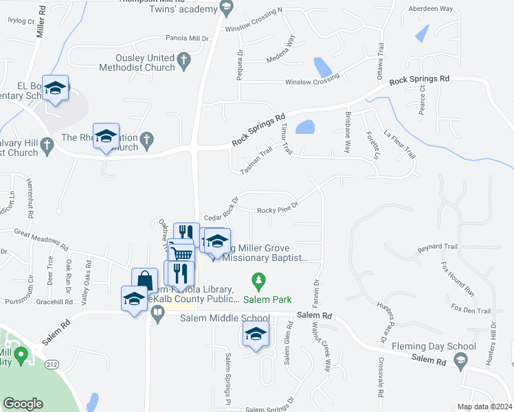 map of restaurants, bars, coffee shops, grocery stores, and more near 5326 Rocky Pine Drive in Stonecrest