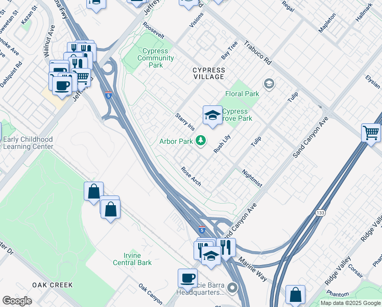map of restaurants, bars, coffee shops, grocery stores, and more near 50 Emerald Clover in Irvine