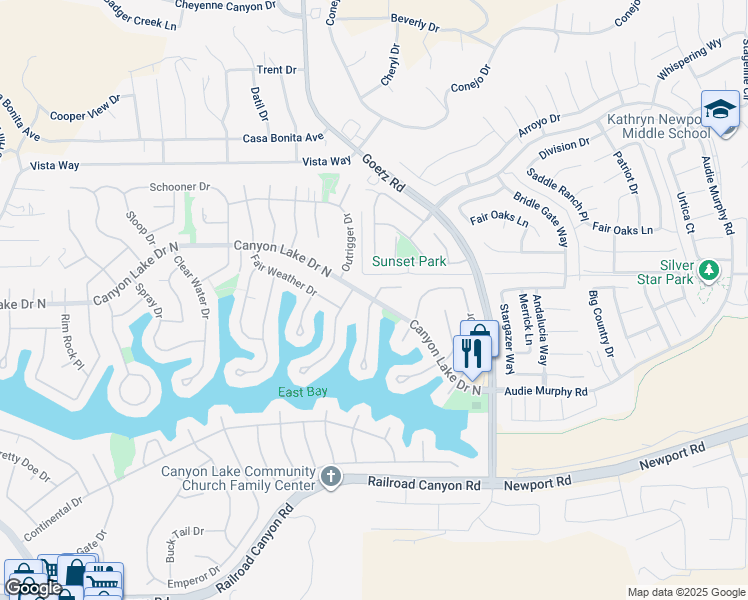 map of restaurants, bars, coffee shops, grocery stores, and more near Canyon Lake Drive North & White Wake Drive in Canyon Lake