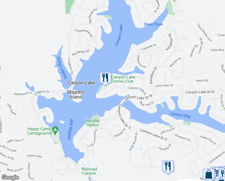map of restaurants, bars, coffee shops, grocery stores, and more near 22275 Canyon Club Drive in Canyon Lake