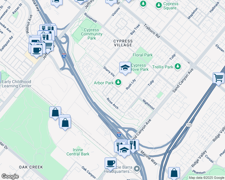 map of restaurants, bars, coffee shops, grocery stores, and more near 52 Emerald Clover in Irvine