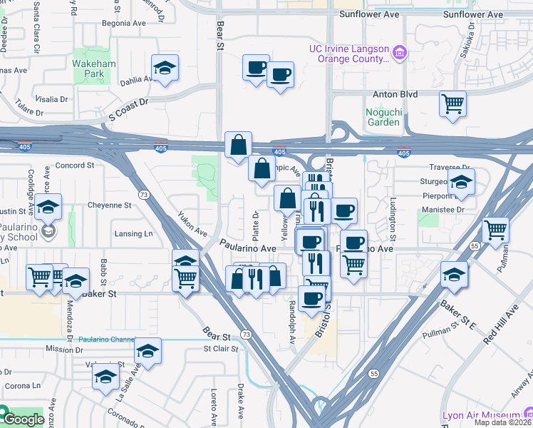 map of restaurants, bars, coffee shops, grocery stores, and more near 3109 Roanoke Lane in Costa Mesa