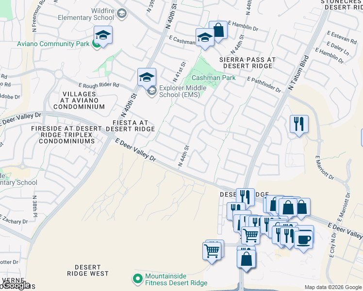 map of restaurants, bars, coffee shops, grocery stores, and more near 4363 East Gatewood Road in Phoenix