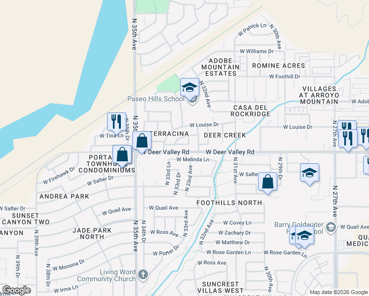 map of restaurants, bars, coffee shops, grocery stores, and more near 3347 West Via Del Sol Drive in Phoenix
