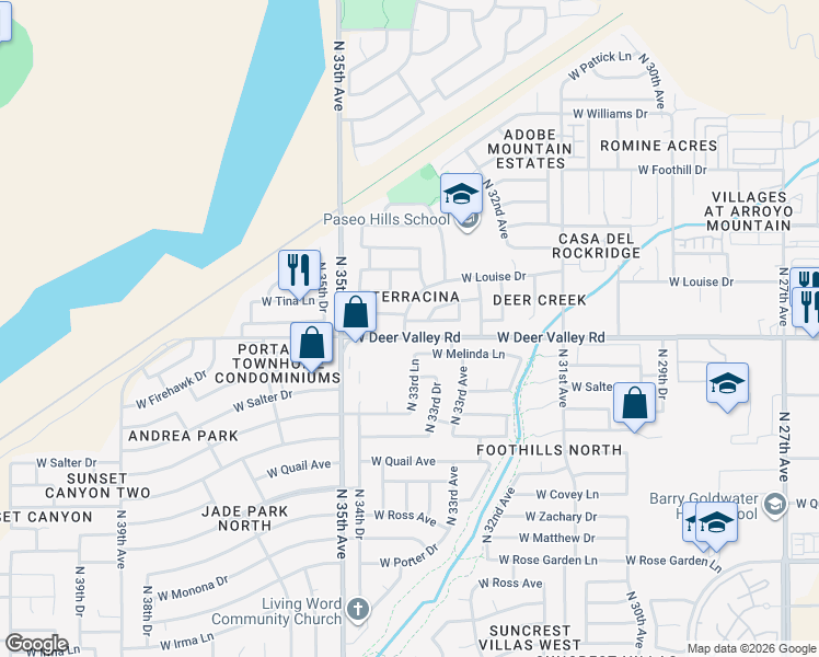 map of restaurants, bars, coffee shops, grocery stores, and more near 3371 West Via Del Sol Drive in Phoenix