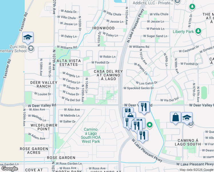 map of restaurants, bars, coffee shops, grocery stores, and more near 10370 West Sands Drive in Peoria